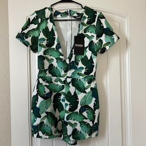 Missguided Deep Plunge Palm Print Romper with Tag